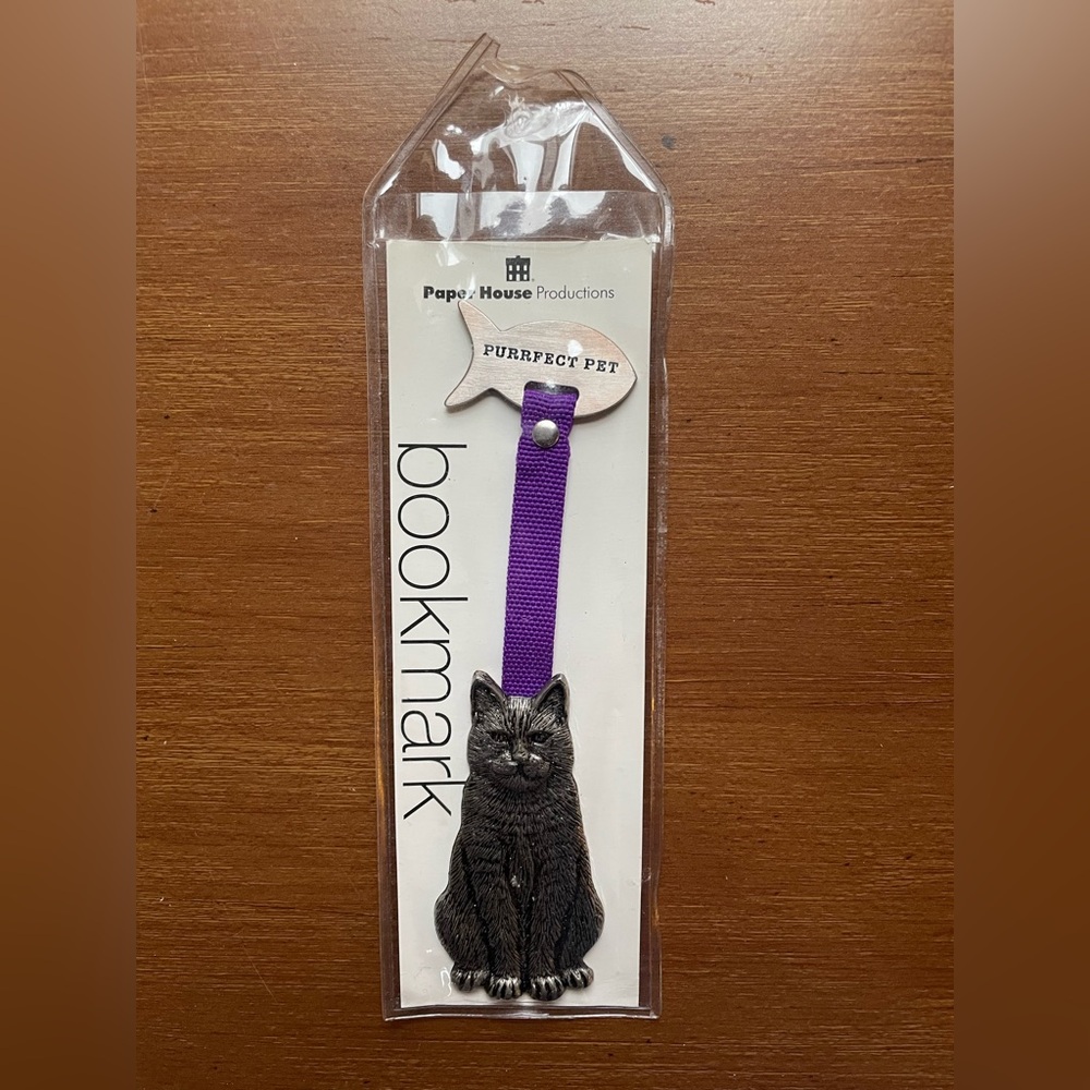 Paper House Pewter Cat and Fish Bookmark w/ Purple Ribbon